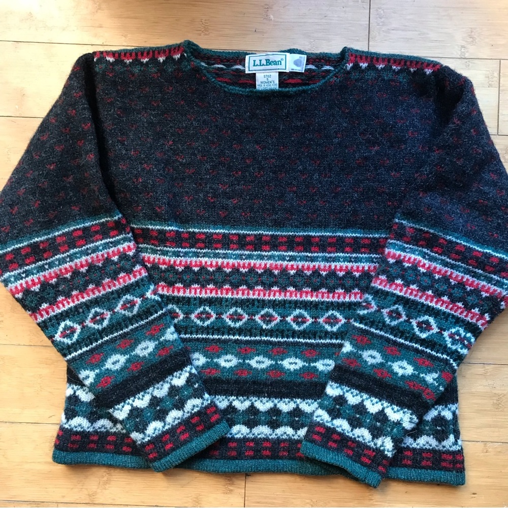 Vintage LL Bean Womens Dark Gray Fair Isle Wool Sweater Size S
